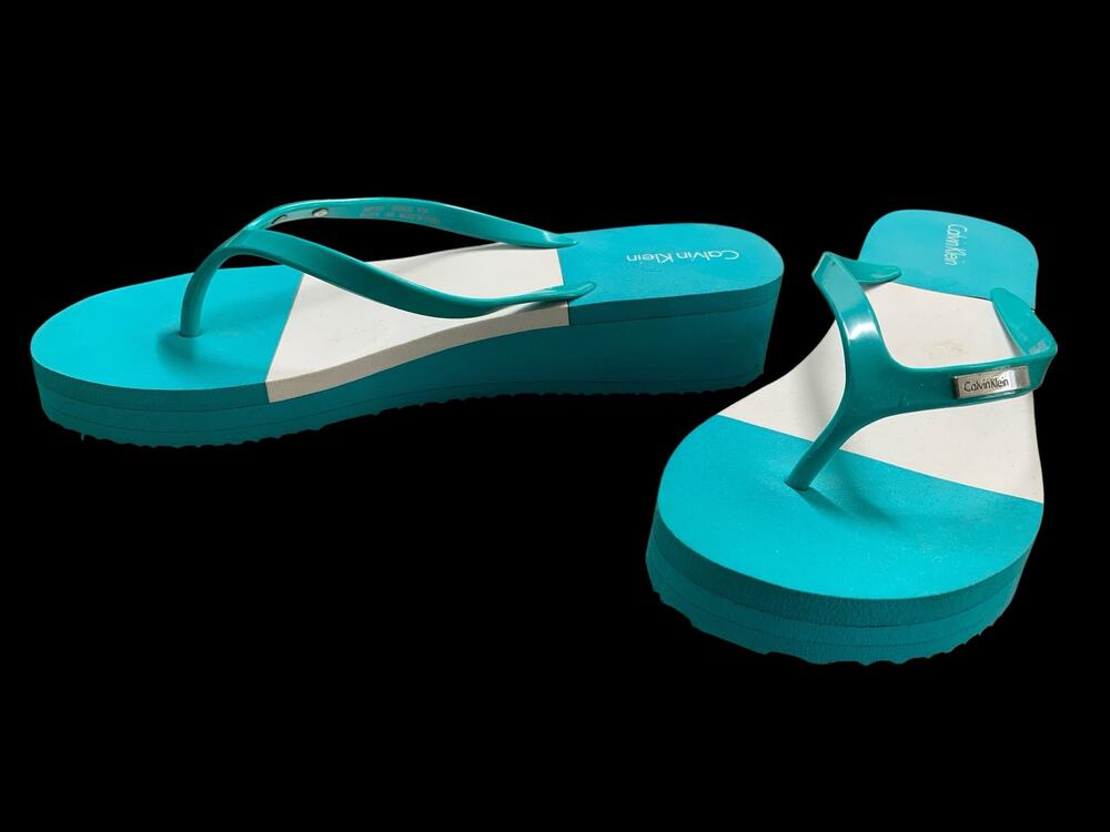 Calvin Klein Platform Flip Flop Sandals Women's Teal White